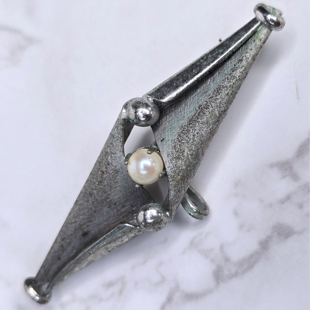 Vintage Carl-Art Sterling Silver Pearl Modernist Atomic Brooch CA Arrow Signed